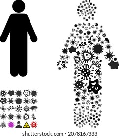 Videovirus vectorial persona icono collage de células contagiosas. El collage de personas humanas está hecho de elementos del virus, parásitos, microbios, esporas, agentes contagiosos y basado en el icono de la persona humana.