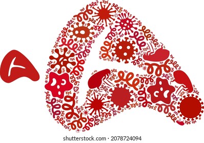 Vektor-Virus-Fleisch-Steak Symbol Sammlung von ansteckenden Mikroben. Die Fleischsteak-Collage wird mit Virusprodukten, Parasiten, Mikroben, Sporen, ansteckenden Agenzien und auf der Grundlage von Fleischsteak-Ikone gemacht.