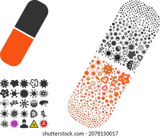 Vector virus medication capsule icon collage of contagious microbes. Medication capsule collage is shaped of virus elements, parasites, microbes, spores, contagious agents,