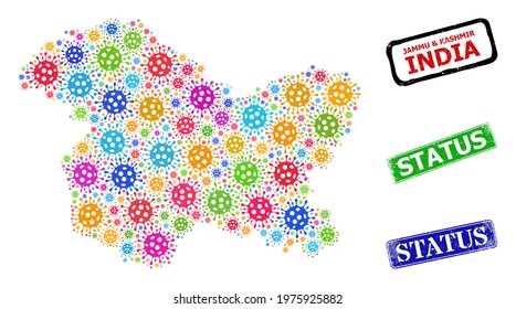 Vector virus mosaic Jammu and Kashmir State map, and grunge Status seals. Vector multi-colored Jammu and Kashmir State map mosaic, and Status grunge framed rectangle stamps.