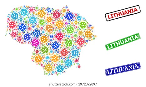 Vector virus mosaic Lithuania map, and grunge Lithuania badges. Vector colorful Lithuania map collage, and Lithuania textured framed rectangle stamp seals.