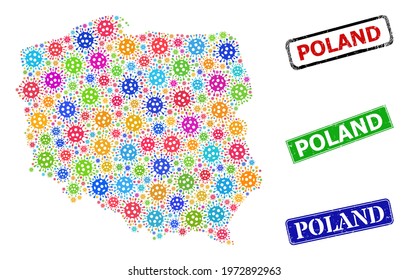 Vector virus mosaic Poland map, and grunge Poland stamps. Vector multi-colored Poland map mosaic, and Poland corroded framed rectangle seals.