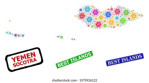 Vector virus mosaic Socotra Archipelago map, and grunge Best Islands stamps. Vector multi-colored Socotra Archipelago map collage, and Best Islands unclean framed rectangle stamp seals.