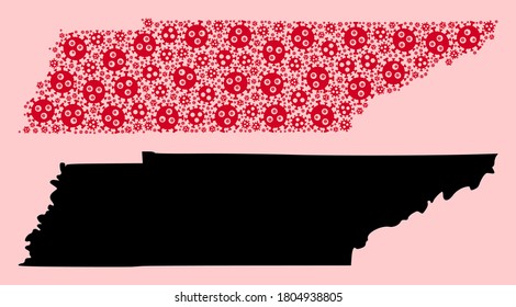 Vector virus mosaic and solid map of Tennessee State. Map of Tennessee State vector mosaic for medicine campaigns and projects. Map of Tennessee State is composed from red infection virus items.