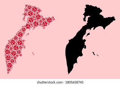 Vector virus mosaic and solid map of Kamchatka Peninsula. Map of Kamchatka Peninsula vector mosaic for clinic campaigns and projects.