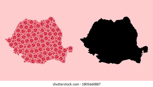 Vector virus mosaic and solid map of Romania. Map of Romania vector mosaic for medicine campaigns and doctrines. Map of Romania is formed from red infection virus items.
