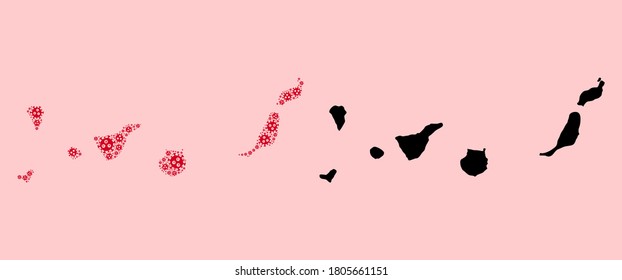 Vector virus mosaic and solid map of Canary Islands. Map of Canary Islands vector mosaic for lockdown campaigns and doctrines. Map of Canary Islands is composed from red infection virus parts.