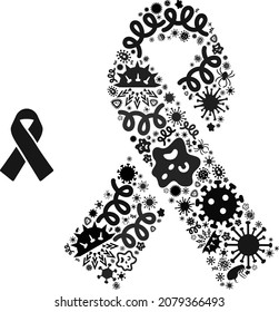 Vector virus mourning ribbon icon collage of contagious microbes. Mourning ribbon collage is shaped with virus elements, parasites, microbes, spores, contagious agents,