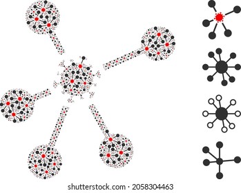 Vector virus network collage is composed of random fractal virus network icons. Fractal composition of virus network.