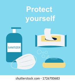 Vector virus protection set. Medical mask, hand antiseptic, sanitizer, soap, antibacterial wet wipes