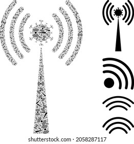 Vector virus radio tower mosaic is composed from scattered fractal virus radio tower items. Fractal mosaic from virus radio tower.