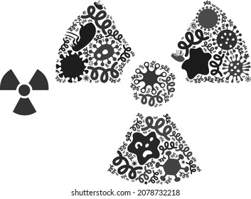 Vector virus radioactivity icon mosaic of contagious items. Radioactivity collage is done of infectious items, parasites, microbes, spores, contagious agents, and based on radioactivity icon.