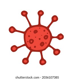 Vector virus of the red coronavirus. Hand-drawn microbe of a round shape with rays and dots texture in a flat style. isolated element on a white background for a design template. Medical illustration.
