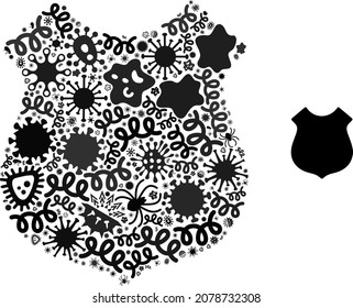 Vector virus shield icon mosaic of contagious microbes. Shield mosaic is created from virus items, parasites, microbes, spores, contagious agents, and based on shield icon.