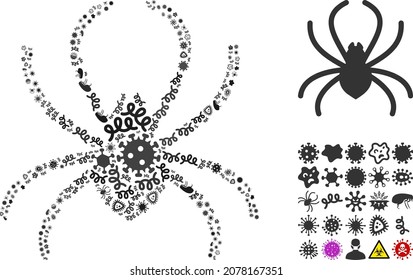 Collage de ícono de araña de virus vectores de microbios contagiosos. El collage de arañas se compone de elementos del virus, parásitos, microbios, esporas, agentes contagiosos y basados en el icono de araña.