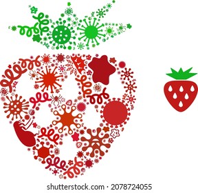 Vektor-Virus-Erdbeeren-Symbol Sammlung von ansteckenden Gegenständen. Erdbeermosaik ist aus infektiösen Gegenständen, Parasiten, Mikroben, Sporen, ansteckenden Stoffen und auf der Grundlage von Erdbeersymbol entwickelt.