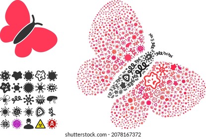 Collage de íconos del summerbird de virus vectores de artículos contagiosos. El collage de Summerbird se construye con ítems del virus, parásitos, microbios, esporas, agentes contagiosos, y se basa en ícono de summerbird.