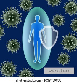 Vector. Virus threat. Tablets. The fight against viral diseases. To protect the body. Strong immune system.  The cells of the virus under a microscope. 3d, illustration.