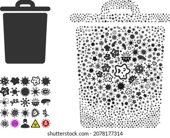Vector virus trash bin icon composition of contagious microbes. Trash bin mosaic is designed from virus elements, parasites, microbes, spores, contagious agents, and based on trash bin icon.