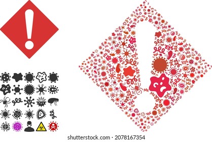 Vector virus warning icon mosaic of pandemic microbes. Warning mosaic is designed from infectious elements, parasites, microbes, spores, contagious agents, and based on warning icon.