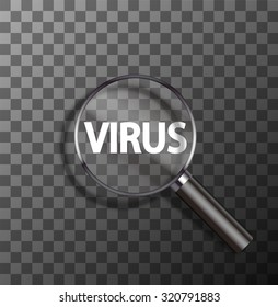 vector virus word in magnifying glass on sample background