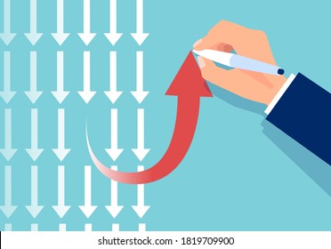Vector of a visionary businessman drawing an arrow going up in opposite direction to many other 