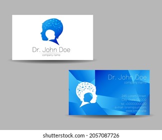 Vector Visit Card Human Head Modern logo Creative style. Kid Child Profile Silhouette Design concept. Brand company. Blue color isolated on gray background Symbol for web, print. vVsiting personal set