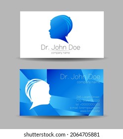 Vector Visit Card Human Head Modern logo Creative style. Kid Child Profile Silhouette Design concept. Brand company. Blue color isolated on gray background Symbol for web, print. vVsiting personal set
