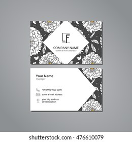 Vector visit card template with pattern white peony and leaves
