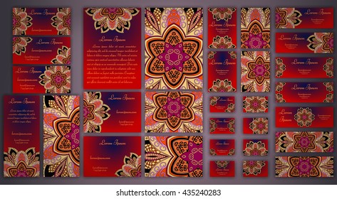 Vector visiting card set template. Floral mandala pattern and ornaments. Oriental design Layout. Islam, Arabic, Indian, ottoman motifs. Front page and back page.