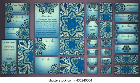Vector visiting card set template. Floral mandala pattern and ornaments. Oriental design Layout. Islam, Arabic, Indian, ottoman motifs. Front page and back page.