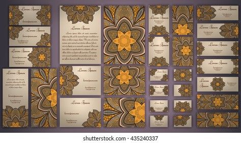 Vector visiting card set template. Floral mandala pattern and ornaments. Oriental design Layout. Islam, Arabic, Indian, ottoman motifs. Front page and back page.