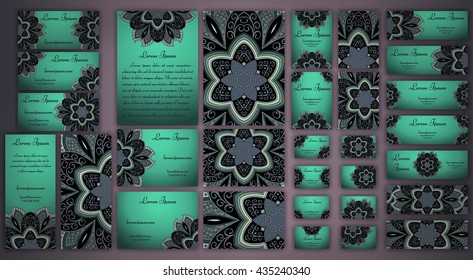 Vector visiting card set template. Floral mandala pattern and ornaments. Oriental design Layout. Islam, Arabic, Indian, ottoman motifs. Front page and back page.