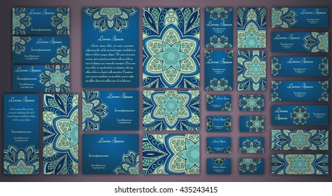 Vector visiting card set template. Floral mandala pattern and ornaments. Oriental design Layout. Islam, Arabic, Indian, ottoman motifs. Front page and back page.