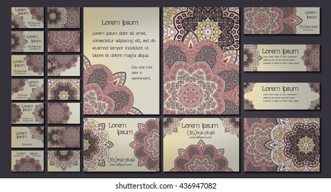 Vector visiting card set template. Floral mandala pattern and ornaments. Oriental design Layout. Islam, Arabic, Indian, ottoman motifs. Front page and back page.