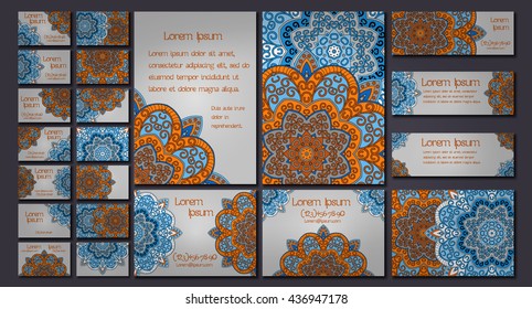 Vector visiting card set template. Floral mandala pattern and ornaments. Oriental design Layout. Islam, Arabic, Indian, ottoman motifs. Front page and back page.