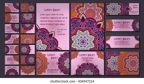 Vector visiting card set template. Floral mandala pattern and ornaments. Oriental design Layout. Islam, Arabic, Indian, ottoman motifs. Front page and back page.