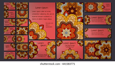 Vector visiting card set template. Floral mandala pattern and ornaments. Oriental design Layout. Islam, Arabic, Indian, ottoman motifs. Front page and back page.