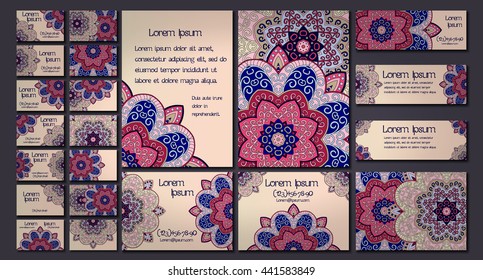 Vector visiting card set template. Floral mandala pattern and ornaments. Oriental design Layout. Islam, Arabic, Indian, ottoman motifs. Front page and back page.