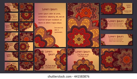 Vector visiting card set template. Floral mandala pattern and ornaments. Oriental design Layout. Islam, Arabic, Indian, ottoman motifs. Front page and back page.
