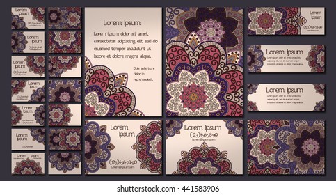 Vector visiting card set template. Floral mandala pattern and ornaments. Oriental design Layout. Islam, Arabic, Indian, ottoman motifs. Front page and back page.
