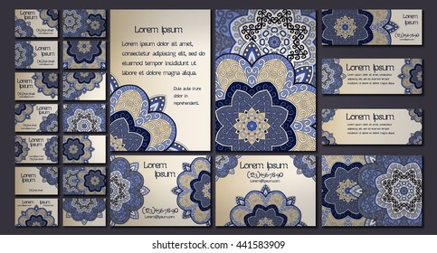 Vector visiting card set template. Floral mandala pattern and ornaments. Oriental design Layout. Islam, Arabic, Indian, ottoman motifs. Front page and back page.