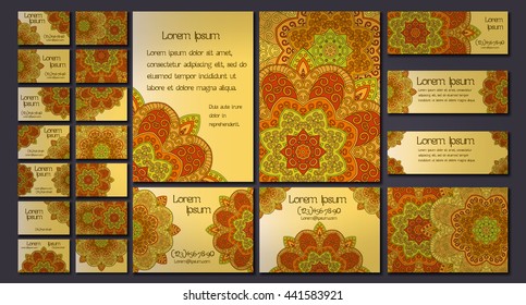 Vector visiting card set template. Floral mandala pattern and ornaments. Oriental design Layout. Islam, Arabic, Indian, ottoman motifs. Front page and back page.