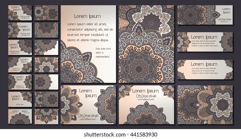 Vector visiting card set template. Floral mandala pattern and ornaments. Oriental design Layout. Islam, Arabic, Indian, ottoman motifs. Front page and back page.