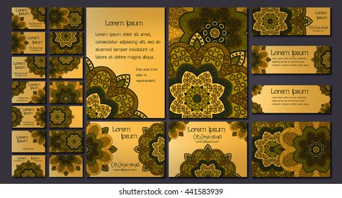 Vector visiting card set template. Floral mandala pattern and ornaments. Oriental design Layout. Islam, Arabic, Indian, ottoman motifs. Front page and back page.