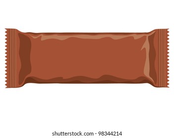 Vector visual of brown flow wrap plastic foil packet, packaging or wrapper for biscuit, wafer, crackers, sweets, chocolate bar, candy bar, snacks etc