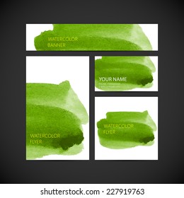 vector visual corporate identity with paint watercolor stain. set of brand business  stationery template for web or print design. banner, business card, flyer, invitation, greeting card and postcard