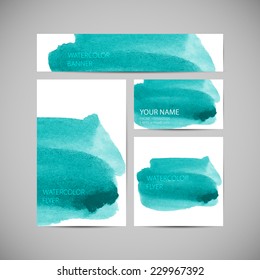 vector visual corporate identity with paint watercolor stain. set of brand business  stationery template for web or print design. banner, business card, flyer, invitation, greeting card and postcard