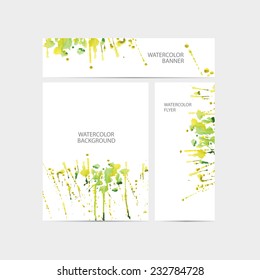 Vector visual corporate identity with paint watercolor stain. set of brand business stationery template for web or print design. banner, business card, flyer, invitation, greeting card and postcard
