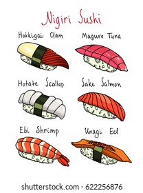 Vector visual guide of hand drawn nigiri sushi types. Beautiful food design elements, perfect for any business related to the food industry.